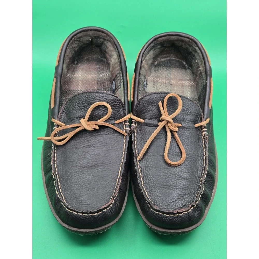 LL Bean Mens 14 Leather Moccasin Flannel Lined Slippers Loafer Shoe 212164 Brown